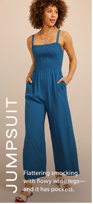 Jumpsuit. Flattering smocking with flowy wide legs—and it has pockets.