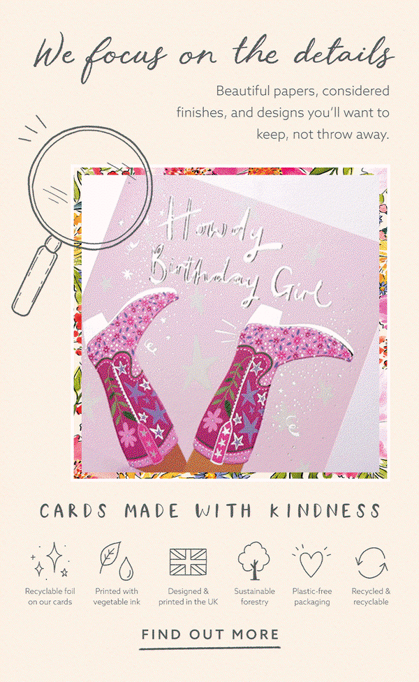 Close up of a luxury birthday card with embossed and foil finishes, alongside icons highlighting recyclable materials, vegetable inks, UK printing, sustainable forestry and plastic free packaging.