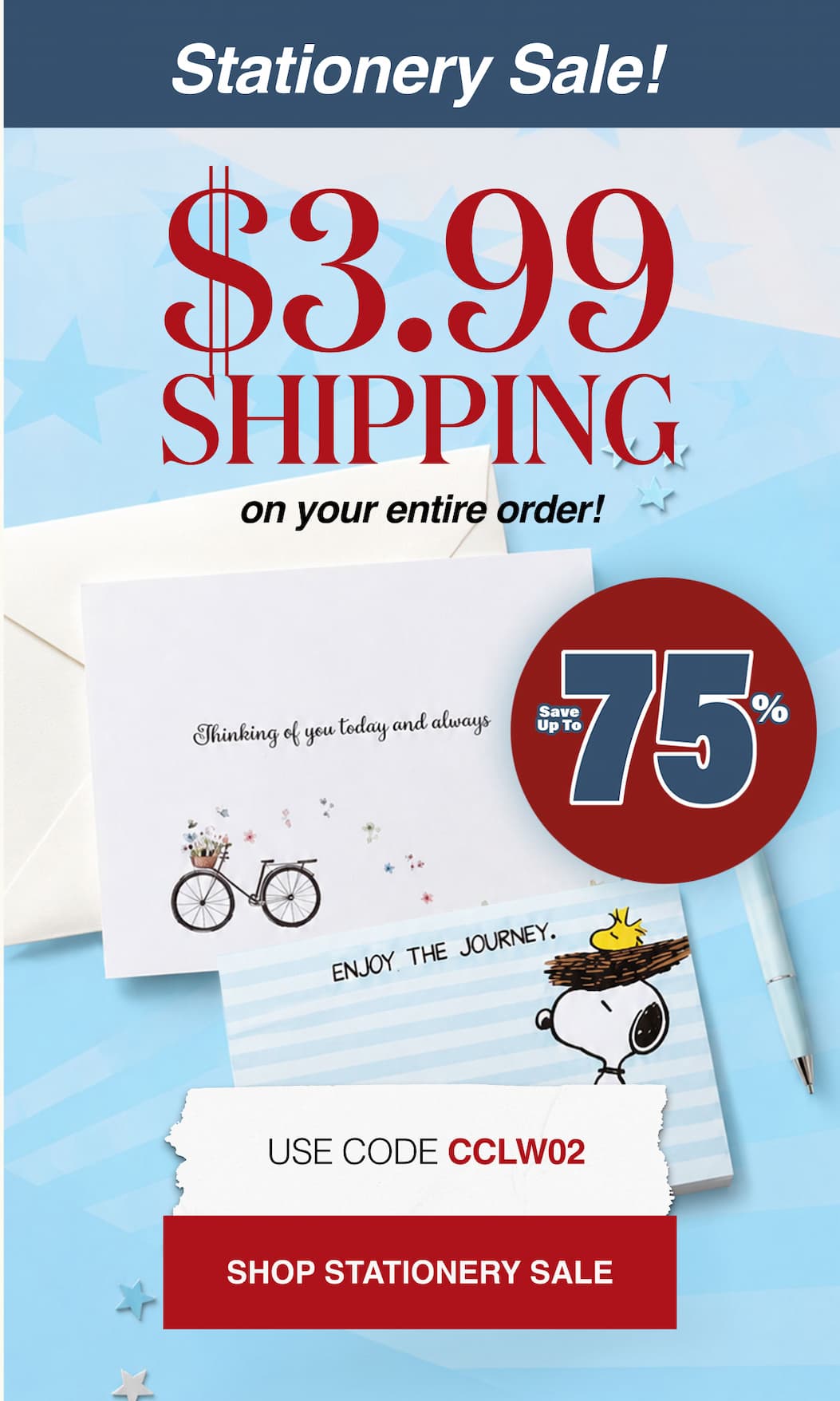 Stationery Sale! $3.99 Shipping on your entire order! Save up to 75%