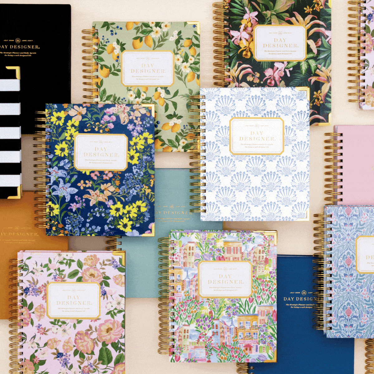 rotating images of stacked planners in pretty patterns