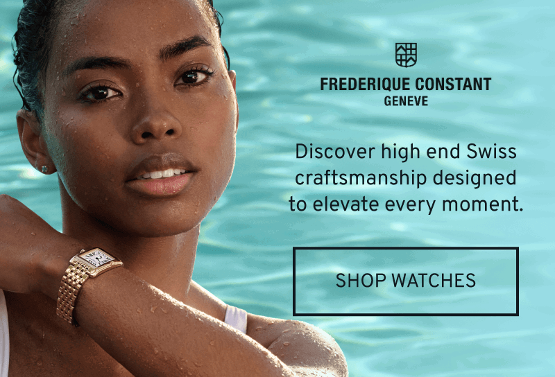 Model wet from the pool sporting a yellow gold Frederique Constant watch. Click to Shop Watches