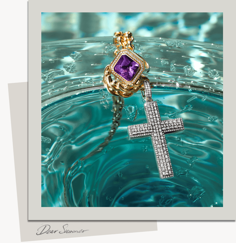 Chain & pendants in water. Start with a chain. Add pendants. Throw in some rings. Ready to go. Click to Shop Summer Styles