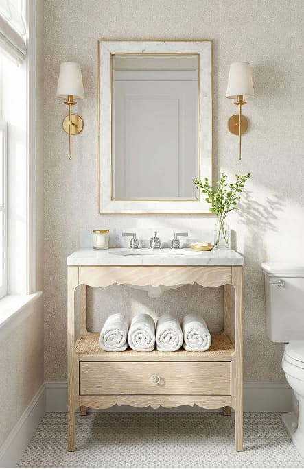 Arianna 1-Drawer Cabinet in Light Wood with Scalloped Edging and Carrara Marble Top