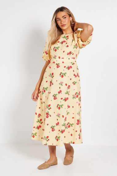 Puff Sleeve Princess Seam Poplin Midi Dress