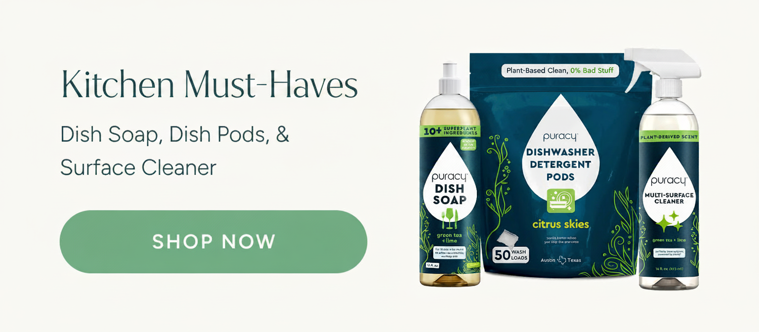 Puracy kitchen cleaning products: dish soap, pods, and multi-surface cleaner.