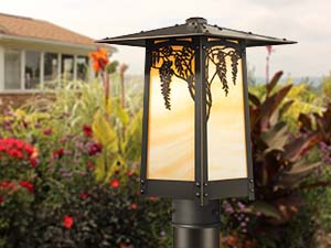 An Asian-architecture inspired post mounted light.