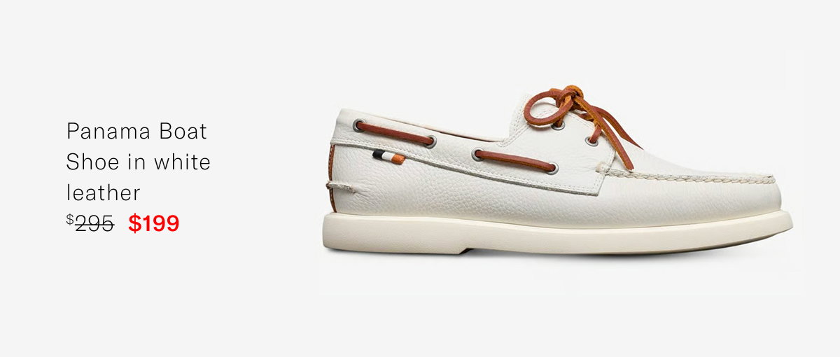 Click Here To Save On The Panama Boat Shoe In White Leather. Regular Price $295, Available For $199 During Father's Day Sale.