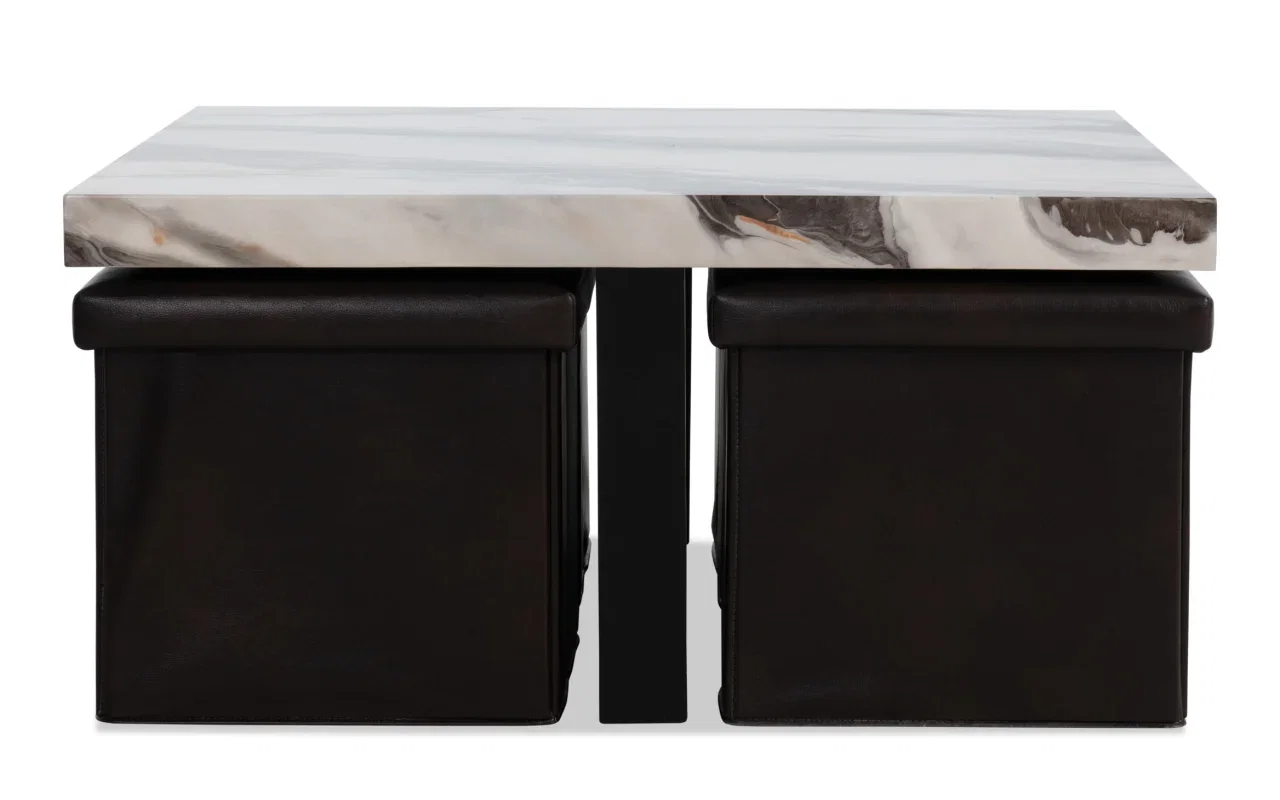 Luna White Coffee Table & 4 Brown Ottomans