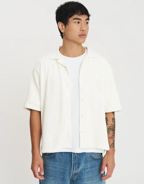 Cropped Plisse Embroidered Short Sleeve Shirt