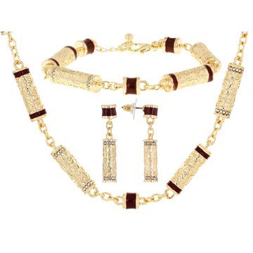 Red Color Enamel & White Crystal Gold Tone Necklace, Bracelet & Earring Set