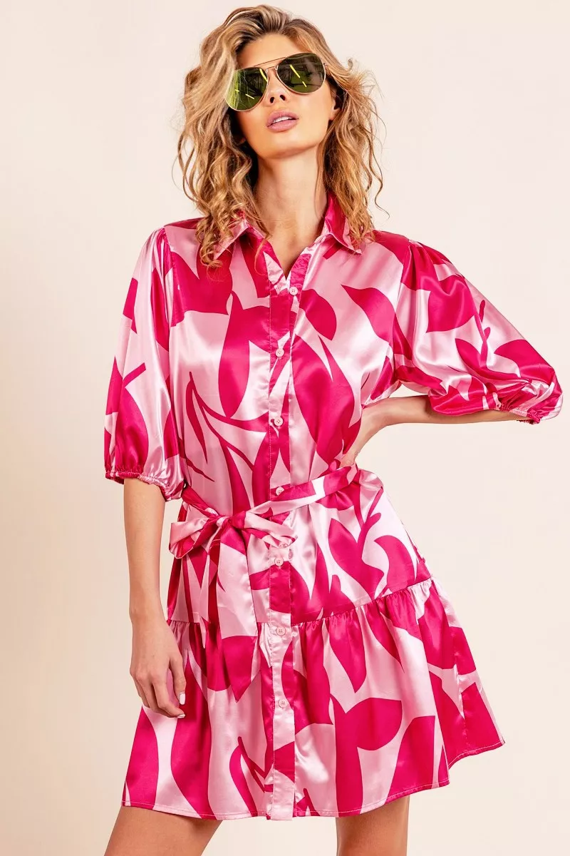 Image of Bibi Leaf Pattern Collared Satin Dress