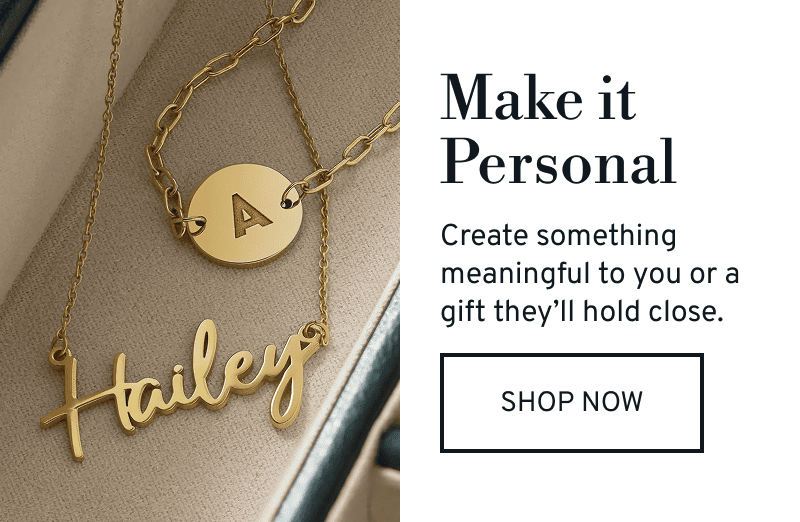 Gold necklaces with name pendant and initial disc. A gift they’ll hold close. Click to Shop Personalized Jewelry