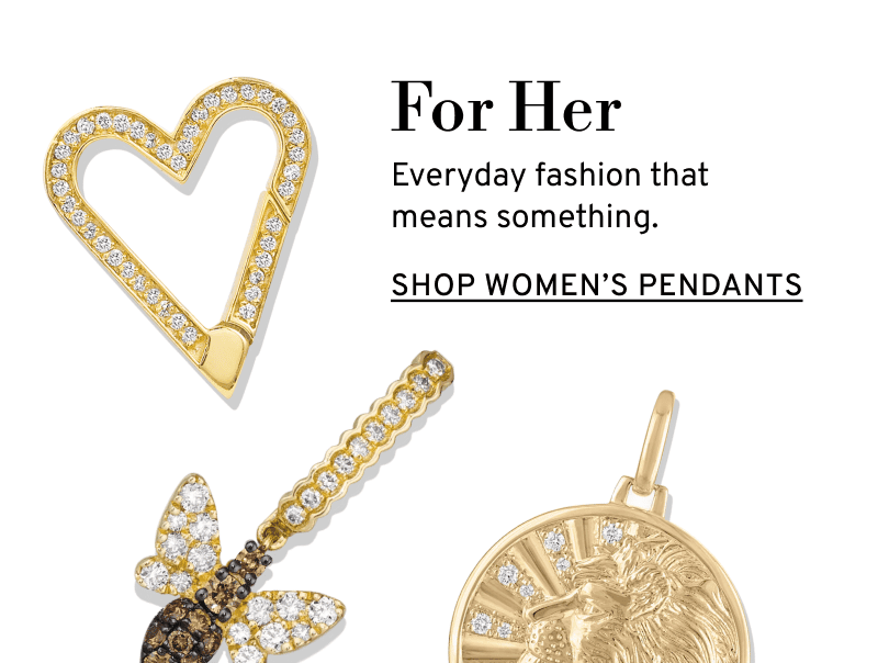 A gold and diamond heart pendant and bee charm. For her. Click to Shop Women’s Pendants