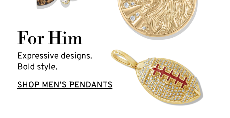 A men’s gold lion pendant and gold and diamond football charm. For him. Click to Shop Men’s Pendants