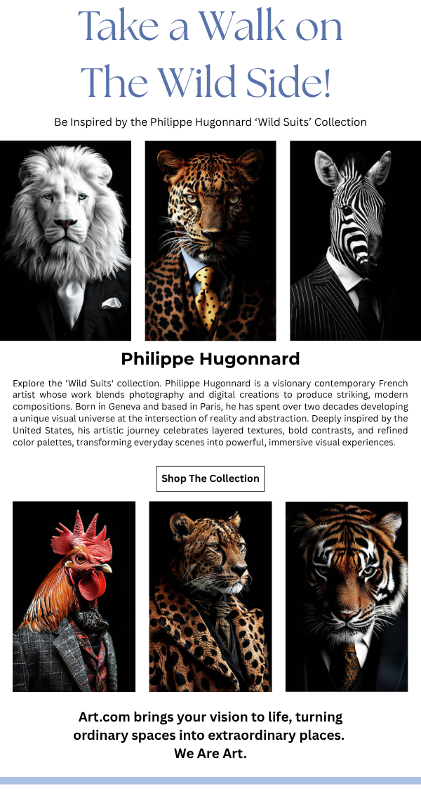 Take a Walk on The Wild Side! Be inspired by the Philippe Hugonnard 'Wild Suits' Collection. Explore the 'Wild Suits' collection. Philippe Hugonnard is a visionary contemporary French artist whose work blends photography and digital creations to produce striking, modern, compositions. Born in Geneva and based in Paris, he has spent over two decades developing a unique visual universe at the intersection or reality and abstraction. Deeply inspired by the United States, his artistic journey celebrates layered textures, cold contrasts, and refined color palettes, transforming everyday scenes into powerful, immersive visual experiences.