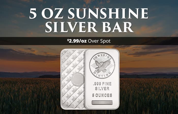 ON SALE: 5 oz Sunshine Silver Bar (New, MintMark SI)