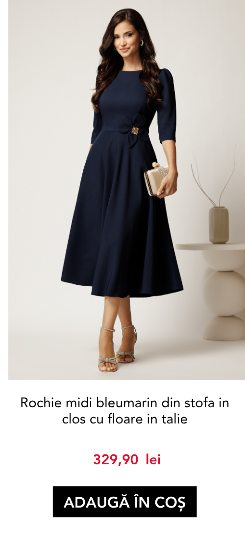Rochie midi bleumarin din stofa in clos cu floare in talie