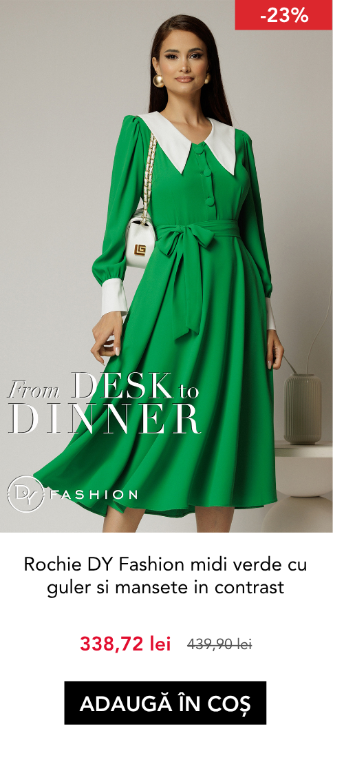 Rochie DY Fashion midi verde cu guler si mansete in contrast