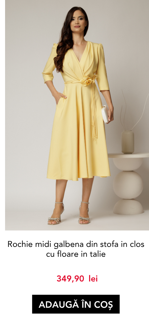 Rochie midi galbena din stofa in clos cu floare in talie