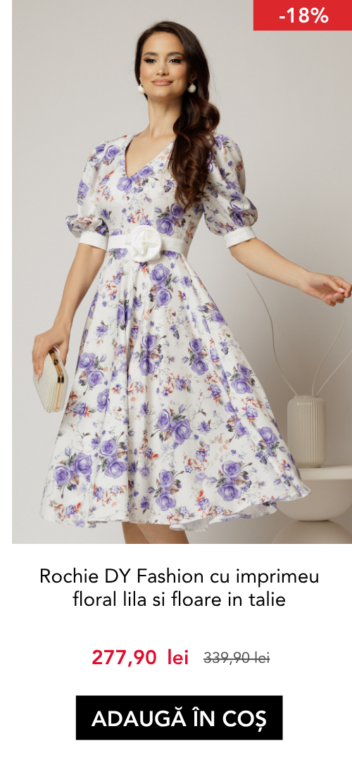 Rochie DY Fashion cu imprimeu floral lila si floare in talie