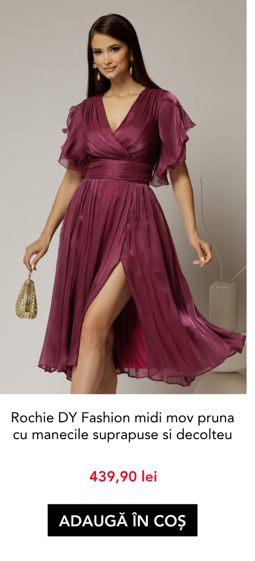 Rochie DY Fashion midi mov pruna cu manecile suprapuse si decolteu petrecut