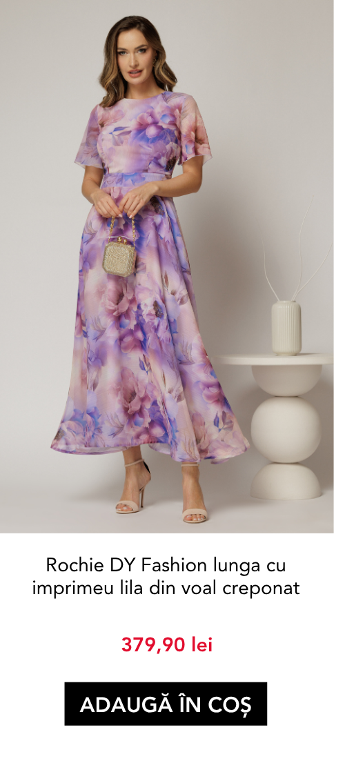 Rochie DY Fashion lunga cu imprimeu lila din voal creponat cu rijelina