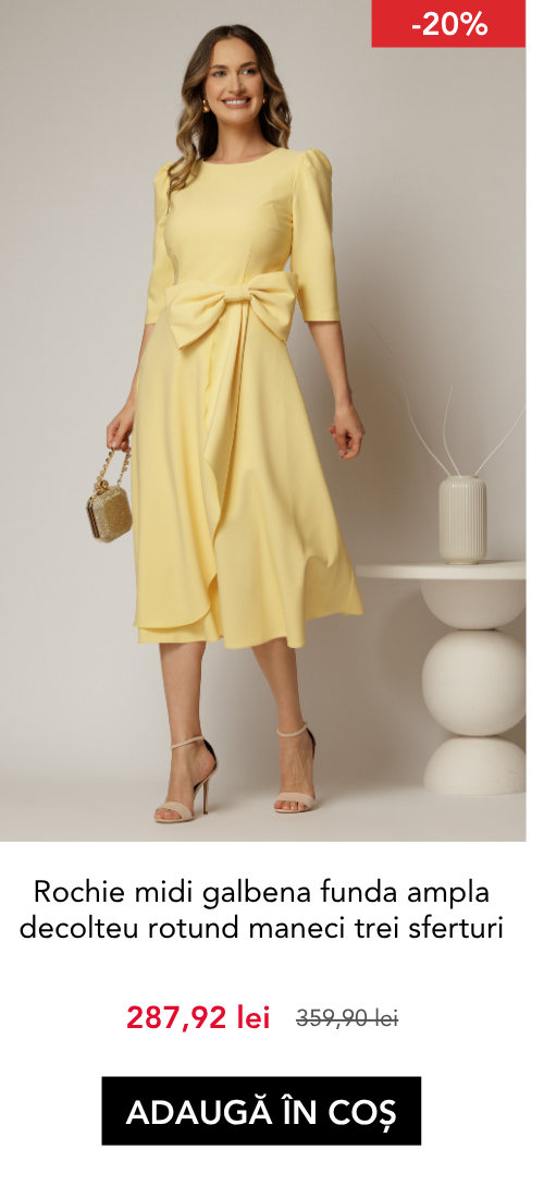 Rochie midi galbena funda ampla pe talie decolteu rotund maneci trei sferturi