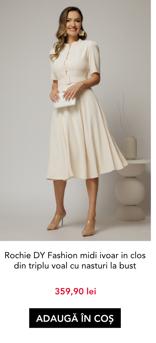 Rochie DY Fashion midi ivoar in clos din triplu voal cu nasturi la bust si curea in talie