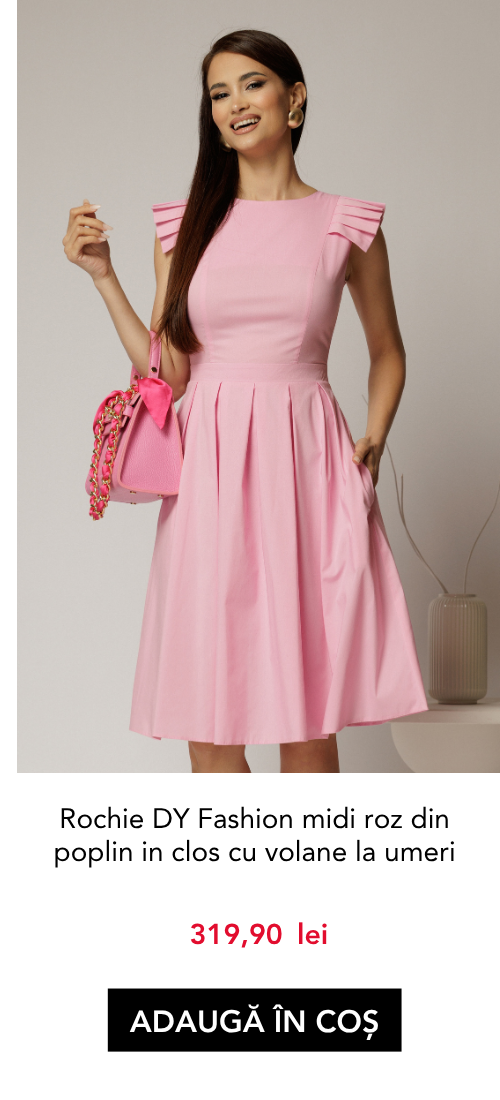 Rochie DY Fashion midi roz din poplin in clos cu volane la umeri