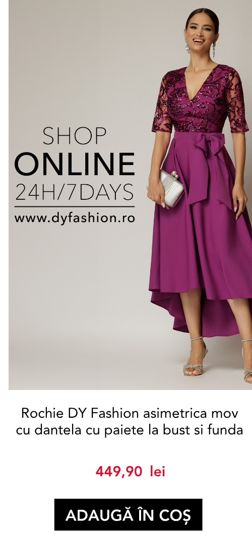 Rochie DY Fashion asimetrica mov cu dantela cu paiete la bust si funda ampla