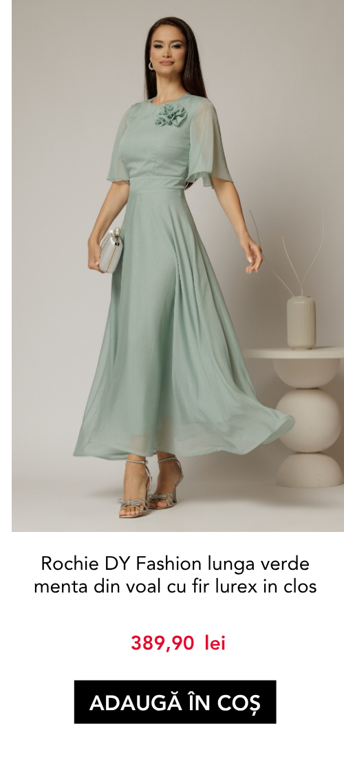 Rochie DY Fashion lunga verde menta din voal cu fir lurex in clos cu accesoriu la bust