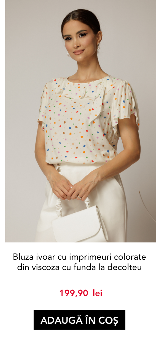 Bluza ivoar cu imprimeuri colorate din viscoza cu funda la decolteu si volanas