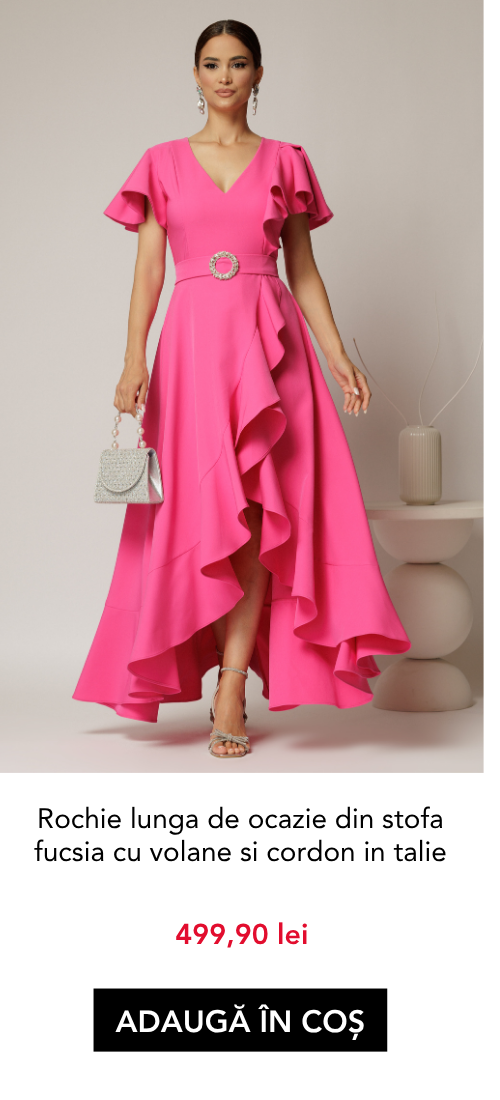 Rochie lunga de ocazie din stofa fucsia cu volane si cordon in talie