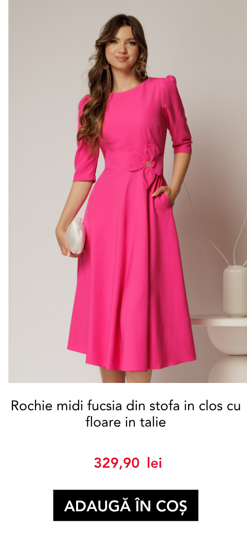 Rochie midi fucsia din stofa in clos cu floare in talie