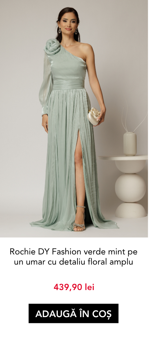 Rochie DY Fashion verde mint pe un umar cu detaliu floral amplu din voal peliculizat