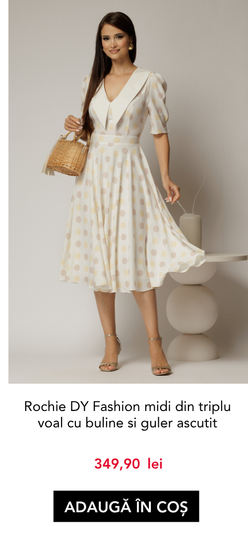 Rochie DY Fashion midi din triplu voal cu buline si guler ascutit si nasturi la maneci