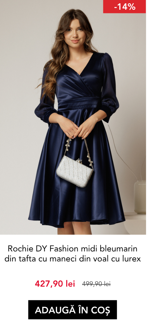 Rochie DY Fashion midi bleumarin din tafta cu maneci din voal cu lurex