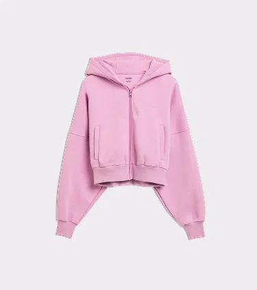 Relaxed Cropped Full Zip Hoodie Pink