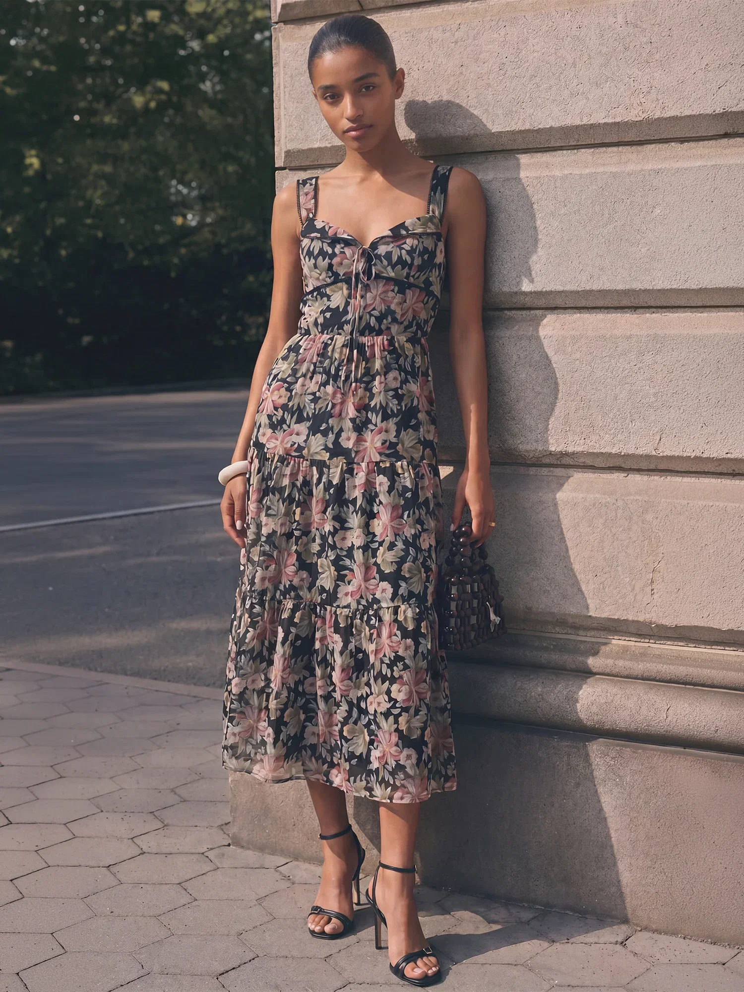 Image of Romantic Dark Floral Ruffle Accent Sundress