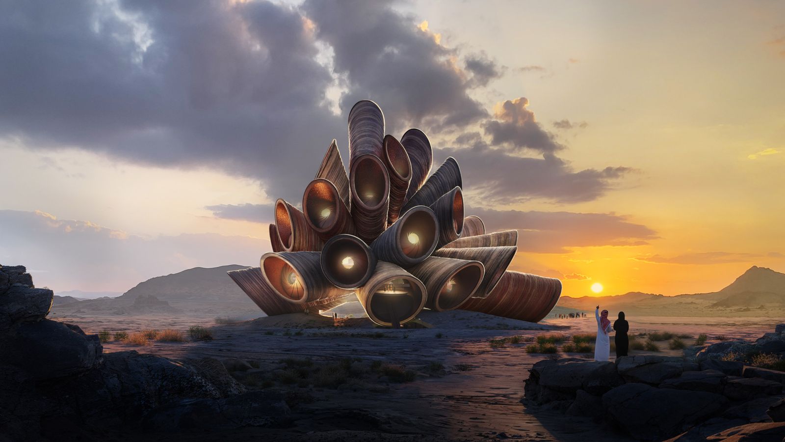 Render of shell-like building in desert