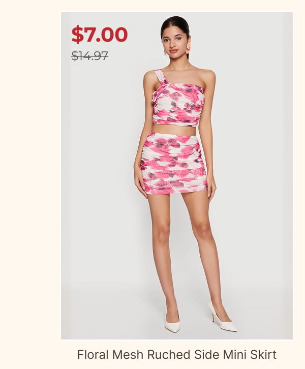 Shop Floral Mesh Ruched Side Mini Skirt