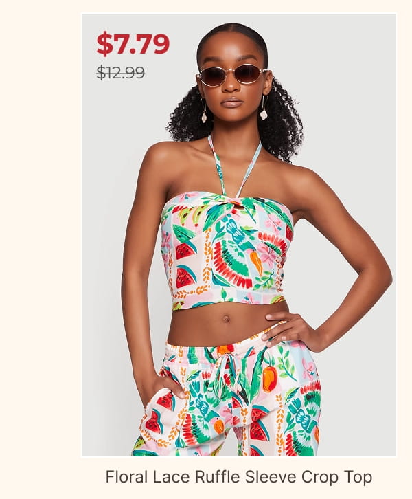 Shop Tropical Floral Fruit Print Halter Crop Top