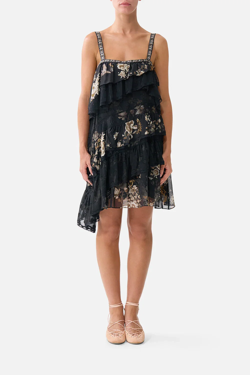 Image of ASYMMETRIC SPLICED LACE MINI DRESS FLAMENCO FOLKLORE