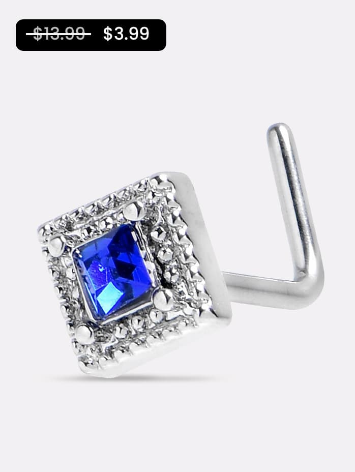 20G 7mm Clear Blue Gem Rhombus Royale L Shape Nose Ring