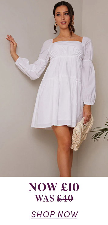 Square Neck Cotton Tiered Mini Dress in White