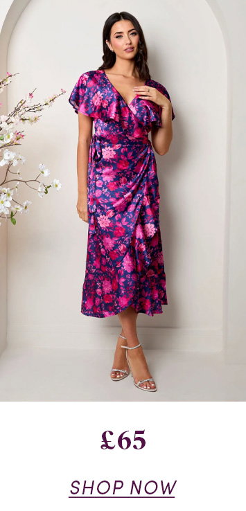 V Neck Floral Wrap Midi Dress in Multi