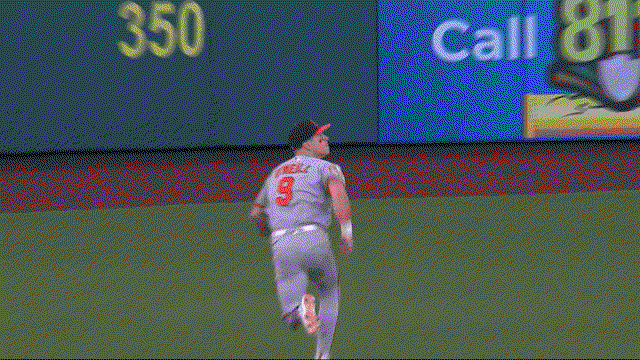 An animated gif of Tyler O'Neill making a diving catch in deep right field