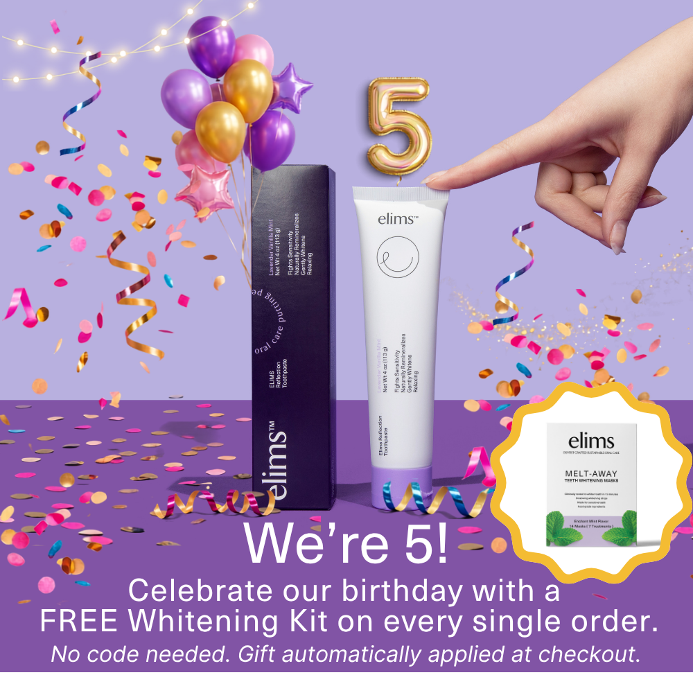 An image of elims lavender vanilla mint toothpaste set on a festive and fun birthday background, text reading: "We're five! Celebrate our birthday with a free whitening kit on every single order."