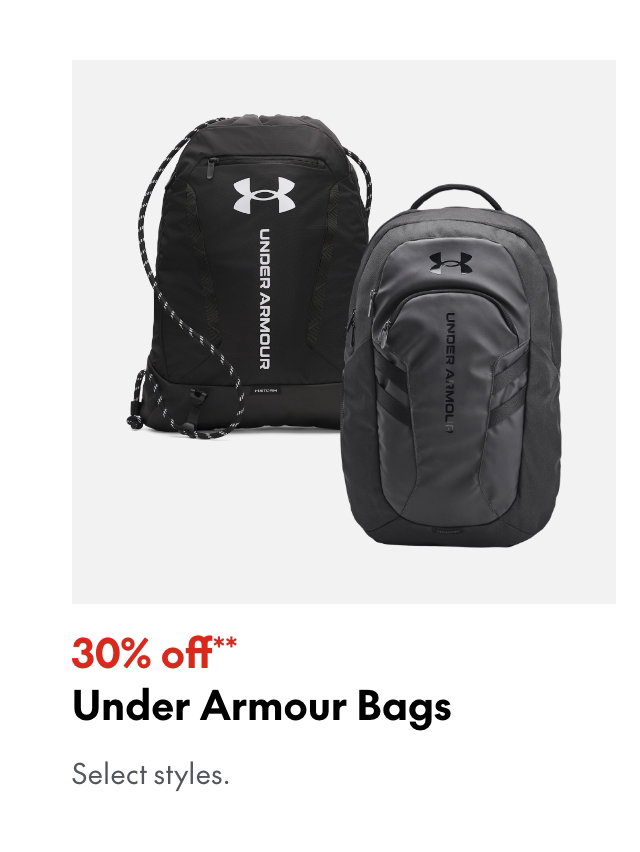 Under Armour Bags. 30% off. Our ticket price. Select styles.