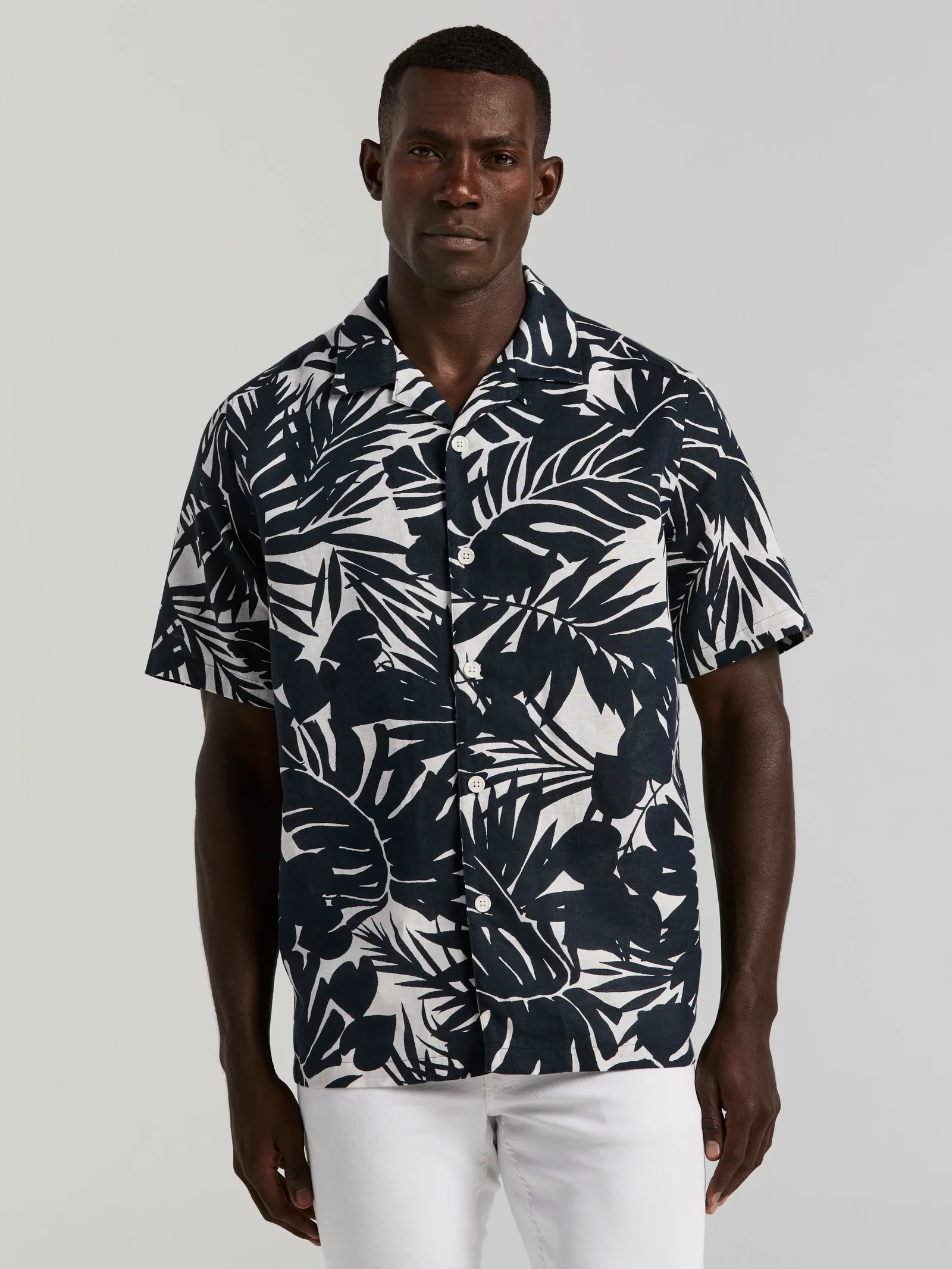 Tropical Leaf Print Camp Collar Shirt